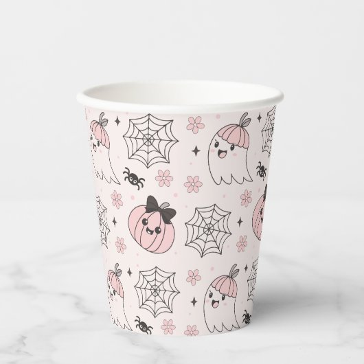 かわいいピンクハロウィンパターンと幽霊、カボチャ 紙コップ (正面)
