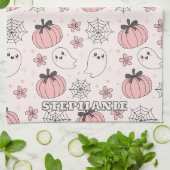 かわいいピンクハロウィーン幽霊&カボチャ キッチンタオル (折り畳み)