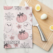 かわいいピンクハロウィーン幽霊&カボチャ キッチンタオル (四つ折り)