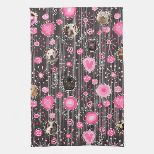 かわいいピンクハートとフラワードッグ母フォトコラージュ キッチンタオル (縦)