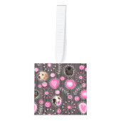 かわいいピンクハートとフラワードッグ母フォトコラージュ キューブオーナメント (正面)