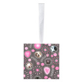 かわいいピンクハートとフラワードッグ母フォトコラージュ キューブオーナメント (右)