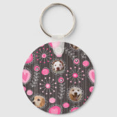 かわいいピンクハートとフラワードッグ母フォトコラージュ キーホルダー (正面)