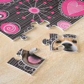 かわいいピンクハートとフラワードッグ母フォトコラージュ ジグソーパズル (側面)