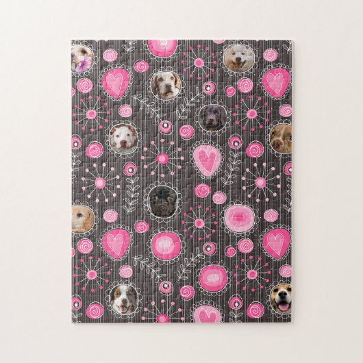 かわいいピンクハートとフラワードッグ母フォトコラージュ ジグソーパズル (縦)