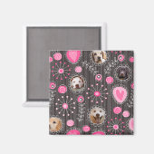 かわいいピンクハートとフラワードッグ母フォトコラージュ マグネット (正面/裏面)