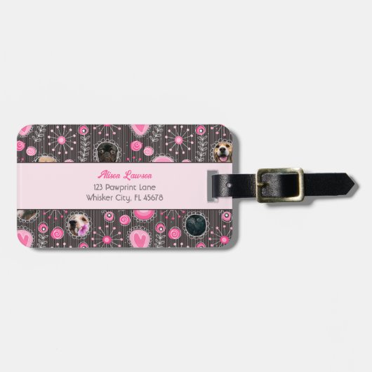 かわいいピンクハートとフラワードッグ母フォトコラージュ ラゲッジタグ (正面横)