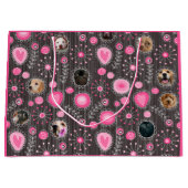 かわいいピンクハートとフラワードッグ母フォトコラージュ ラージペーパーバッグ (正面)