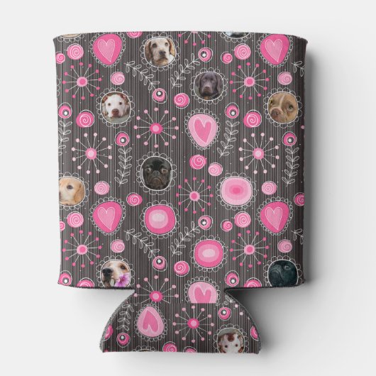 かわいいピンクハートとフラワードッグ母フォトコラージュ 缶クーラー (裏面)