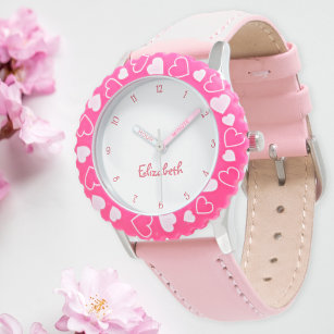 かわいいピンクハートガールズ名前をカスタムするガーリーシックな子供 腕時計