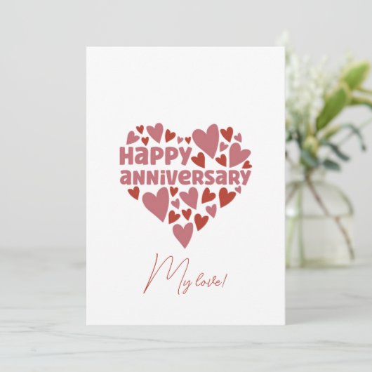 かわいいピンクハートシェイプロマンチックなハッピーアニバーサリー シーズンカード (スタンド正面)