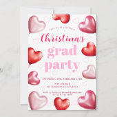 かわいいピンクハート写真卒業パーティー 招待状 (正面)