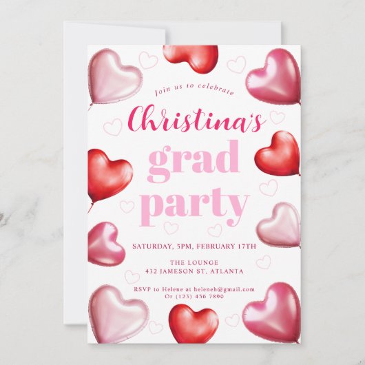 かわいいピンクハート写真卒業パーティー 招待状 (正面)