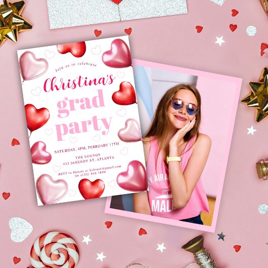 かわいいピンクハート写真卒業パーティー 招待状