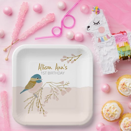 かわいいピンクハート《鳥》アメリカゴガラバードバカスタマイズーフローラ ペーパープレート (パーティー)