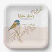 かわいいピンクハート《鳥》アメリカゴガラバードバカスタマイズーフローラ ペーパープレート (正面)