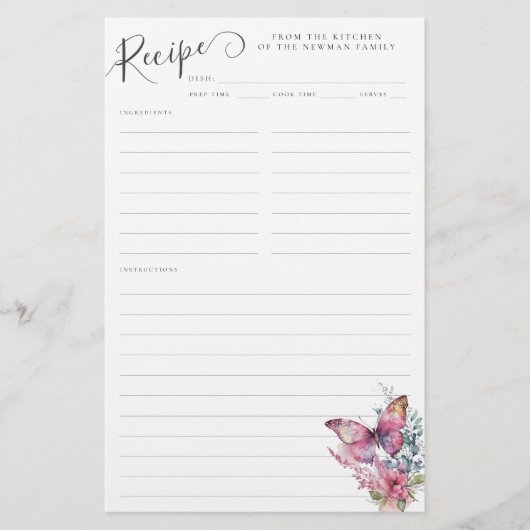 かわいいピンクバタフライワイルドフラワーファミリーレシピカード (正面)
