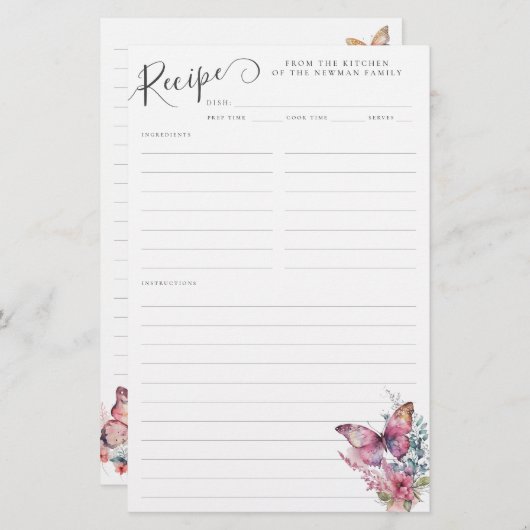 かわいいピンクバタフライワイルドフラワーファミリーレシピカード (正面/裏面)