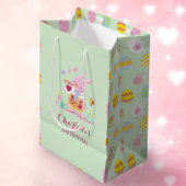 かわいいピンクバニー卵パターン子供の誕生日グリーン ミディアムペーパーバッグ