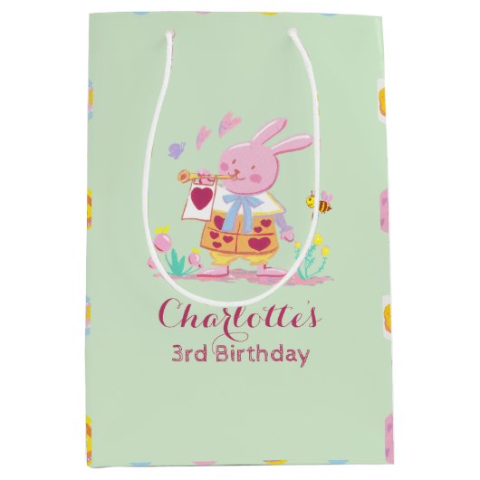 かわいいピンクバニー卵パターン子供の誕生日グリーン ミディアムペーパーバッグ (正面)