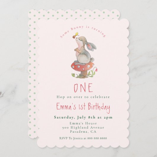 かわいいピンクバニー1歳の誕生日の招待状 案内状 (正面/裏面)