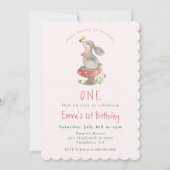 かわいいピンクバニー1歳の誕生日の招待状 案内状 (正面)