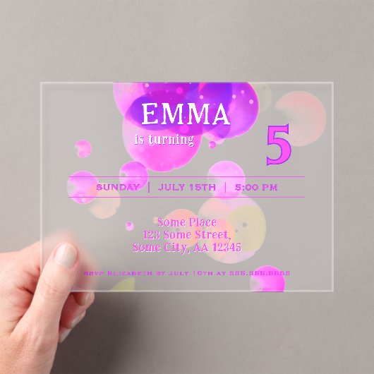 かわいいピンクバブル子供の誕生日パーティー アクリル招待状 (インサイチュ (ポータブル))