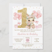 かわいいピンクバレリーナバニーラビット1歳の誕生日ワン 招待状 (正面)