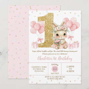 かわいいピンクバレリーナバニーラビット1歳の誕生日ワン 招待状