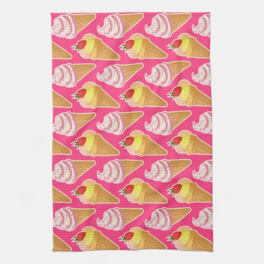 かわいいピンクパターンとストロベリーアイスクリーム キッチンタオル (縦)