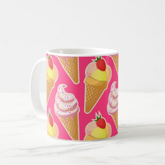 かわいいピンクパターンとストロベリーアイスクリーム コーヒーマグカップ (正面左)