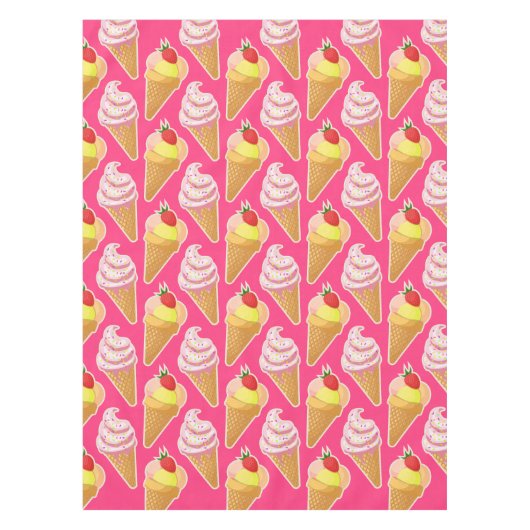 かわいいピンクパターンとストロベリーアイスクリーム テーブルクロス (正面)