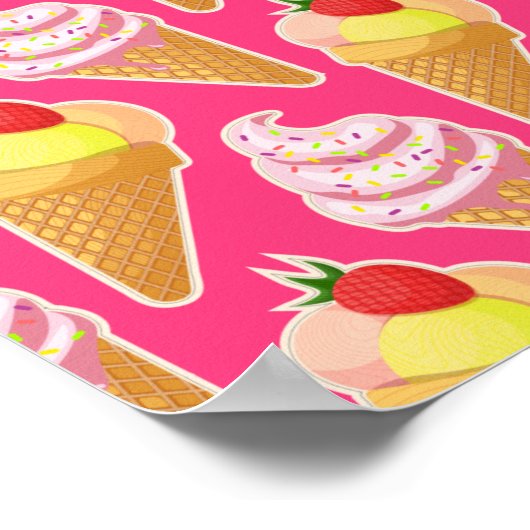 かわいいピンクパターンとストロベリーアイスクリーム ポスター (角)