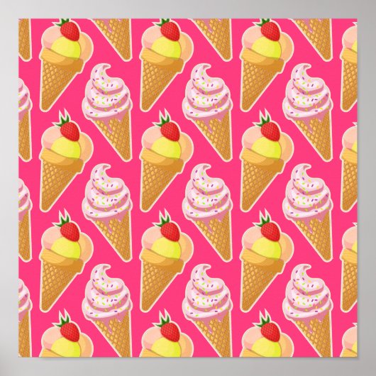 かわいいピンクパターンとストロベリーアイスクリーム ポスター (正面)