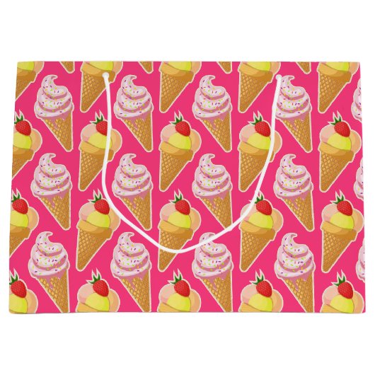 かわいいピンクパターンとストロベリーアイスクリーム ラージペーパーバッグ (正面)