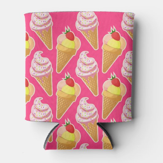 かわいいピンクパターンとストロベリーアイスクリーム 缶クーラー (正面)
