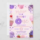 かわいいピンクパープルスイートワンガールの1歳の誕生日 招待状 (正面)