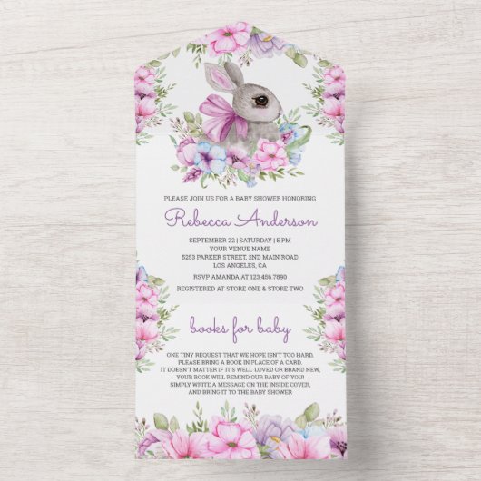 かわいいピンクパープルフローラバニーベビーシャワー オールインワン招待状 (内側)