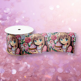 かわいいピンクピクセルアートガールズ誕生日カップケーキ サテンリボン