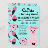 かわいいピンクピグアイスクリームドナッツカップケーキ誕生日 招待状 (正面/裏面)