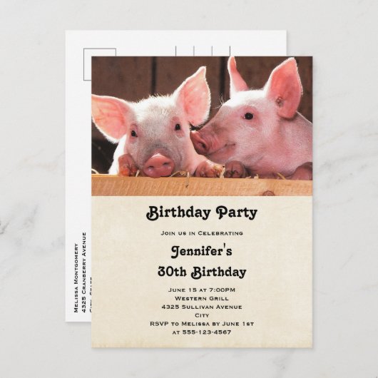 かわいいピンクピグレスアニマルフォト誕生日招待状 インビテーションポストカード (正面/裏面)