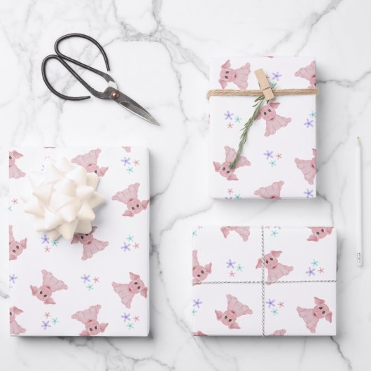 かわいいピンクピッグ納屋周囲の庭誕生日キッズ ラッピングペーパーシート (正面)