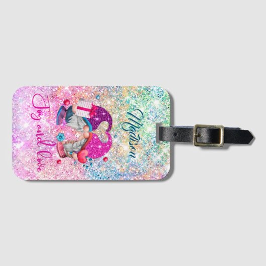 かわいいピンクフェイクグリッター格言クリスマスモノグラム ラゲッジタグ (正面横)