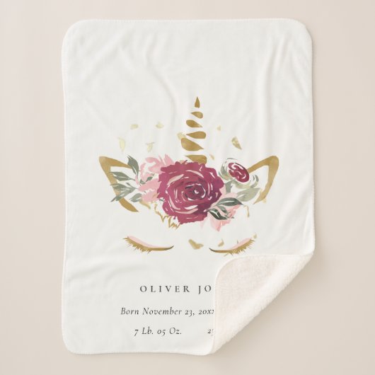 かわいいピンクフェイク金ゴールドフローラユニコーン誕生Stat シェルパブランケット (正面)