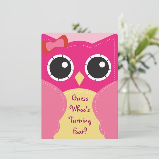 かわいいピンクフクロウ誕生日またはベビーシャワー招待状 招待状 (スタンド正面)