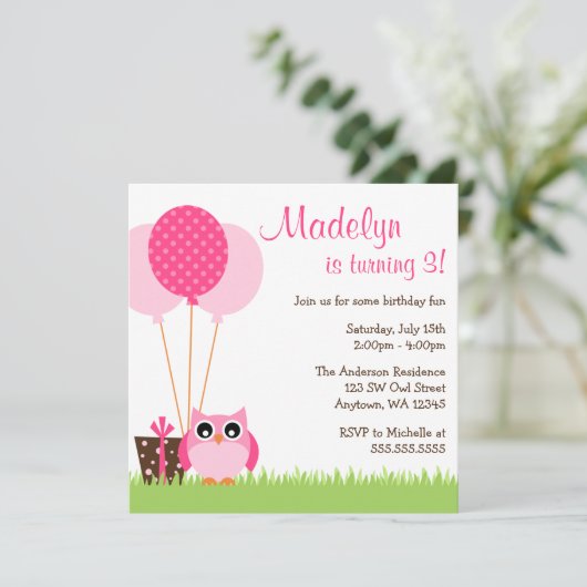 かわいいピンクフクロウ風船誕生日招待状 招待状 (スタンド正面)