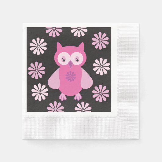 かわいいピンクフクロウ 縁ありカクテルナプキン (正面)