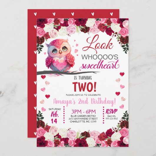 かわいいピンクフクロスイートバレンタイン誕生日 招待状 (正面/裏面)