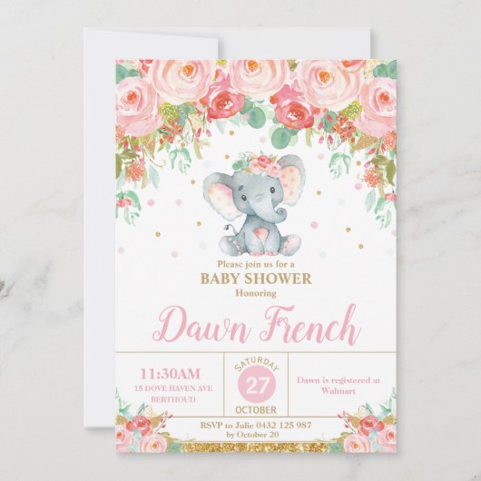 かわいいピンクフローラゾウ赤ちゃんシャワー赤ちゃん女の子 招待状