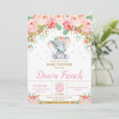かわいいピンクフローラゾウ赤ちゃんシャワー赤ちゃん女の子 招待状 (スタンド正面)